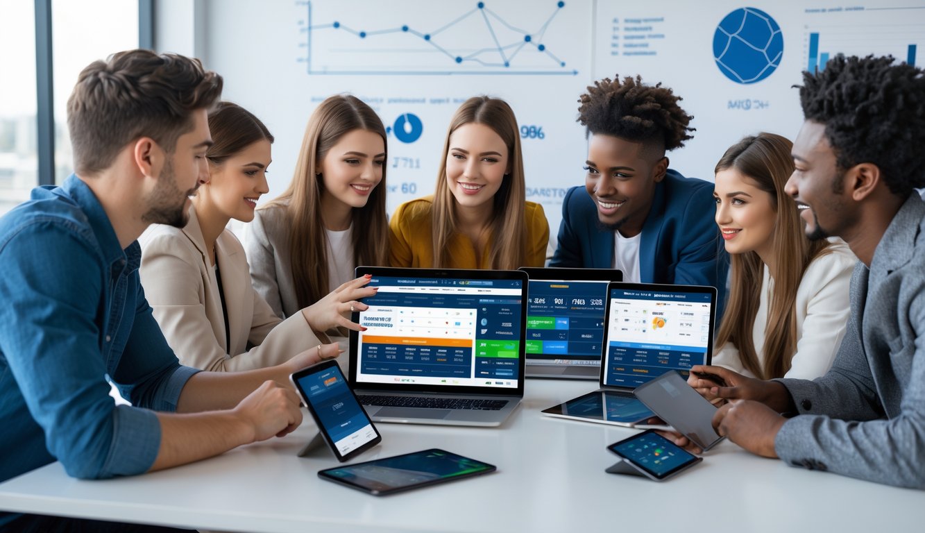 Sekelompok orang muda berkumpul di meja dengan perangkat digital, fokus berdiskusi tentang strategi permainan bola online.