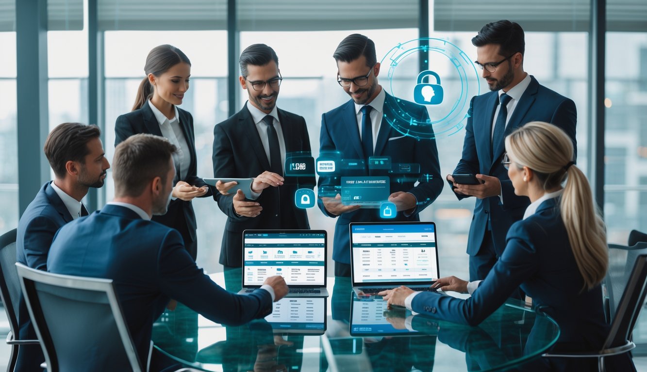 Sekelompok profesional sedang berdiskusi di kantor modern dengan perangkat digital yang menampilkan antarmuka taruhan olahraga dan sistem pembayaran.