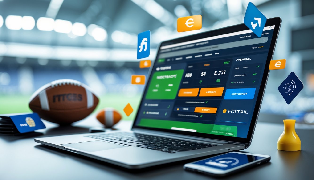 Sebuah ruang kerja modern dengan laptop yang menampilkan situs taruhan sepak bola dan berbagai simbol pembayaran di sekitarnya.