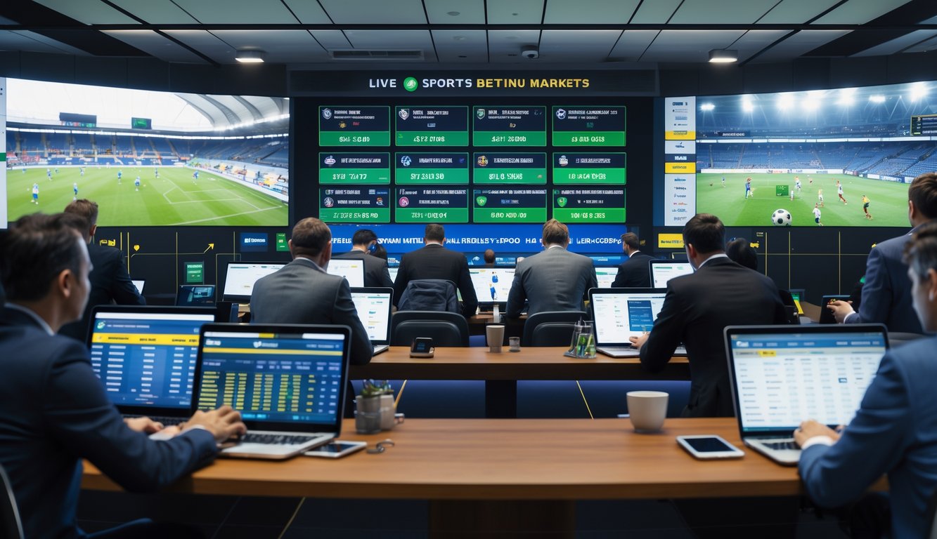 Orang-orang menggunakan perangkat elektronik untuk memasang taruhan bola di ruangan modern dengan layar besar menampilkan pertandingan sepak bola secara langsung.