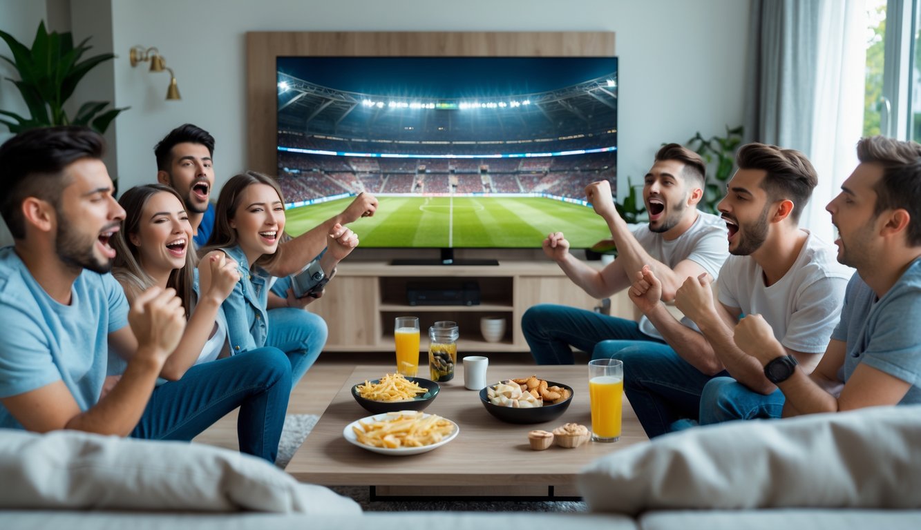 Sekelompok orang muda menonton pertandingan sepak bola secara langsung di ruang tamu dengan ekspresi antusias dan suasana nyaman.