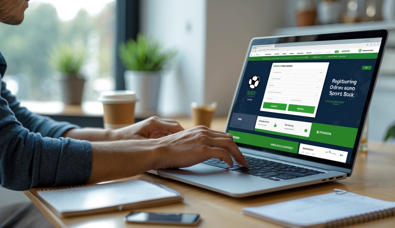 Seseorang sedang mendaftar cepat di situs bandar bola online resmi menggunakan laptop di meja kerja modern.