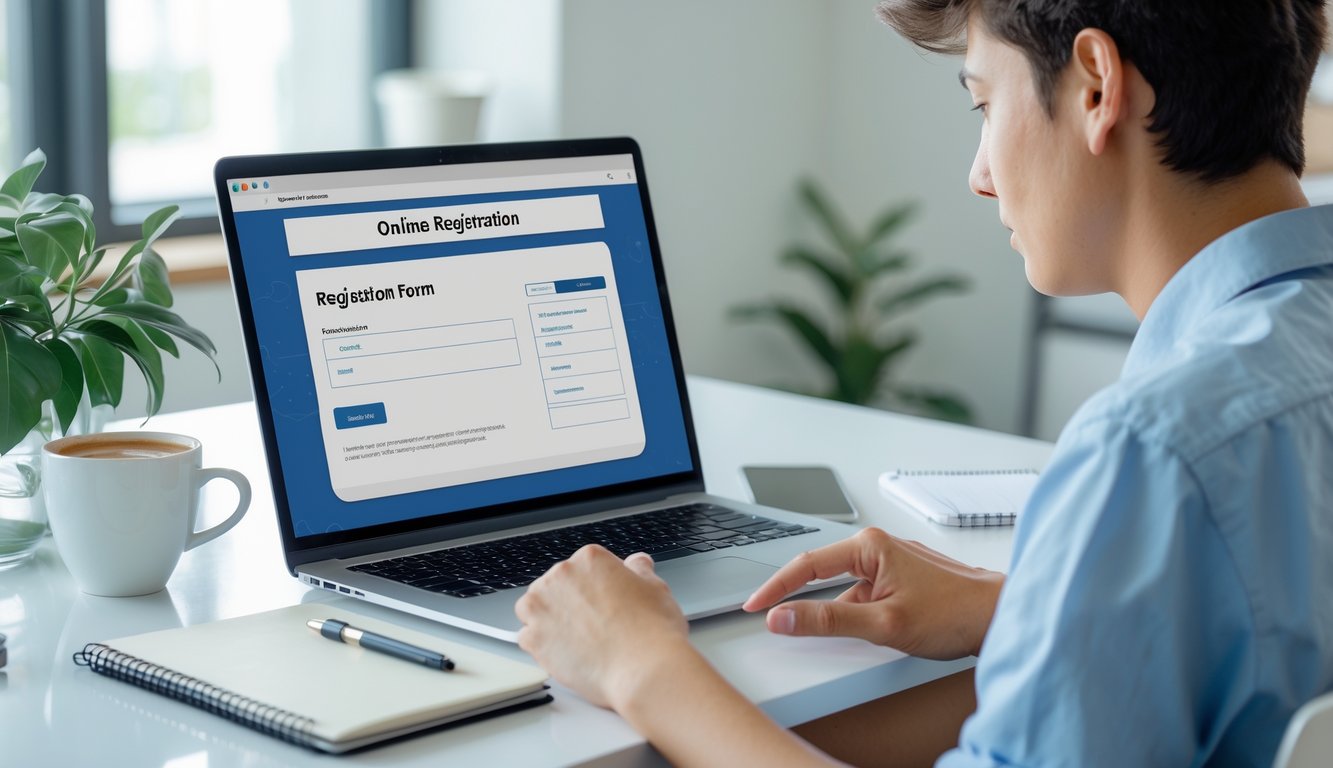 Seseorang sedang duduk di meja kerja dengan laptop, smartphone, dan buku catatan, terlihat fokus menyiapkan pendaftaran online.