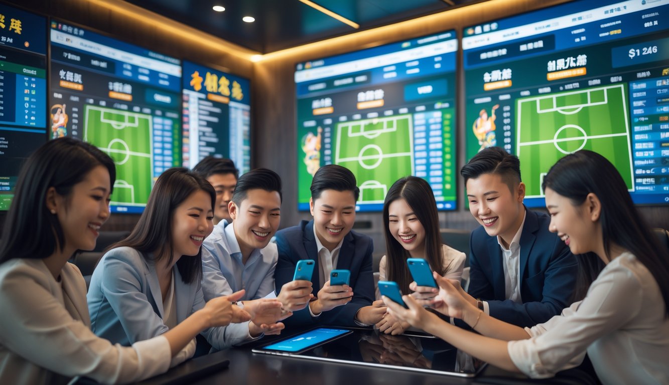 Sekelompok orang muda di ruang modern menonton pertandingan sepak bola di layar besar dan menggunakan perangkat elektronik untuk bertaruh.