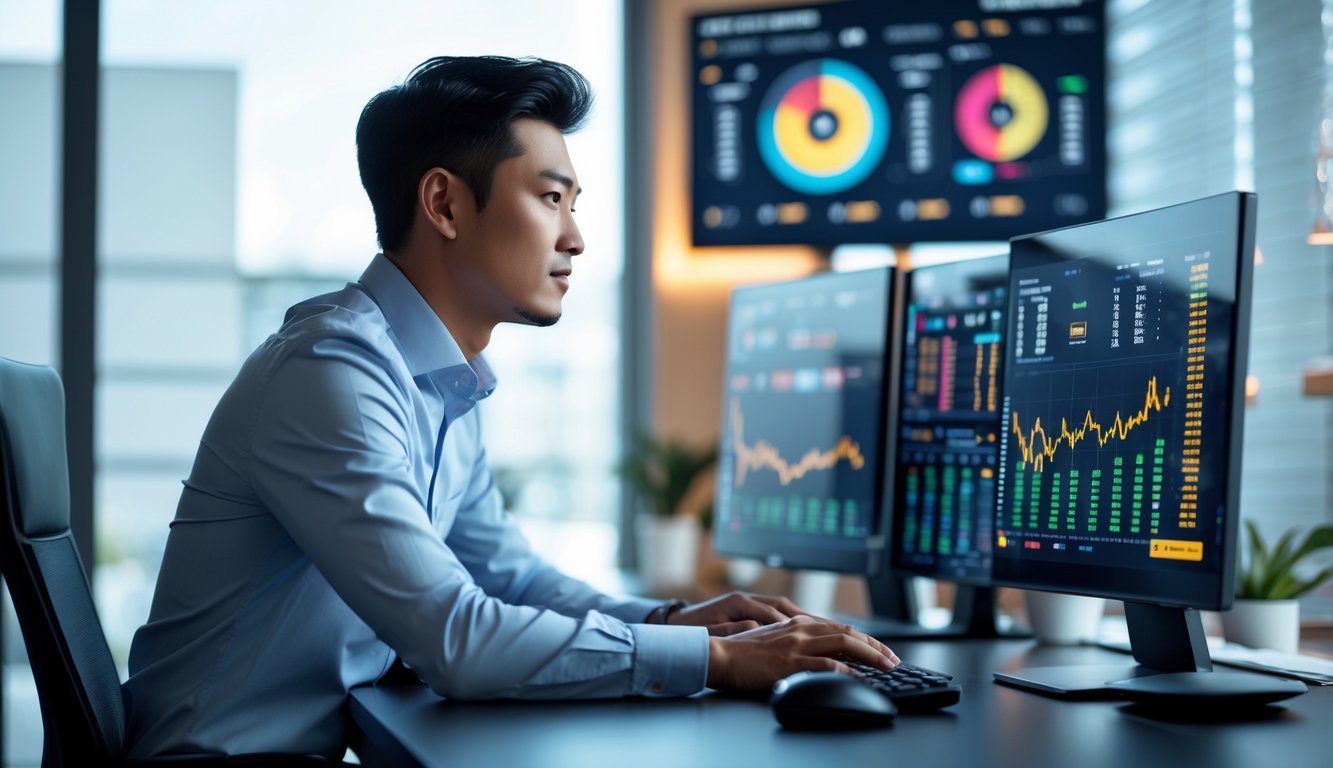 Seorang pria Asia duduk di meja kantor modern sambil melihat layar komputer dengan data taruhan olahraga.