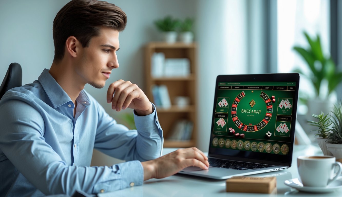 Seorang pria muda sedang bermain baccarat online dengan fokus menggunakan laptop di ruang kerja yang rapi dan nyaman.