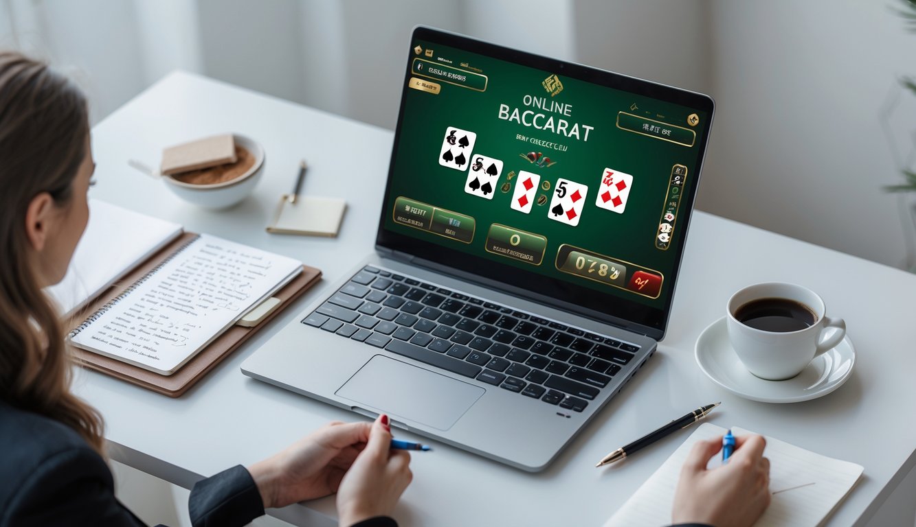 Seorang pemula sedang belajar bermain baccarat online dengan laptop yang menampilkan permainan baccarat dan alat tulis di meja.