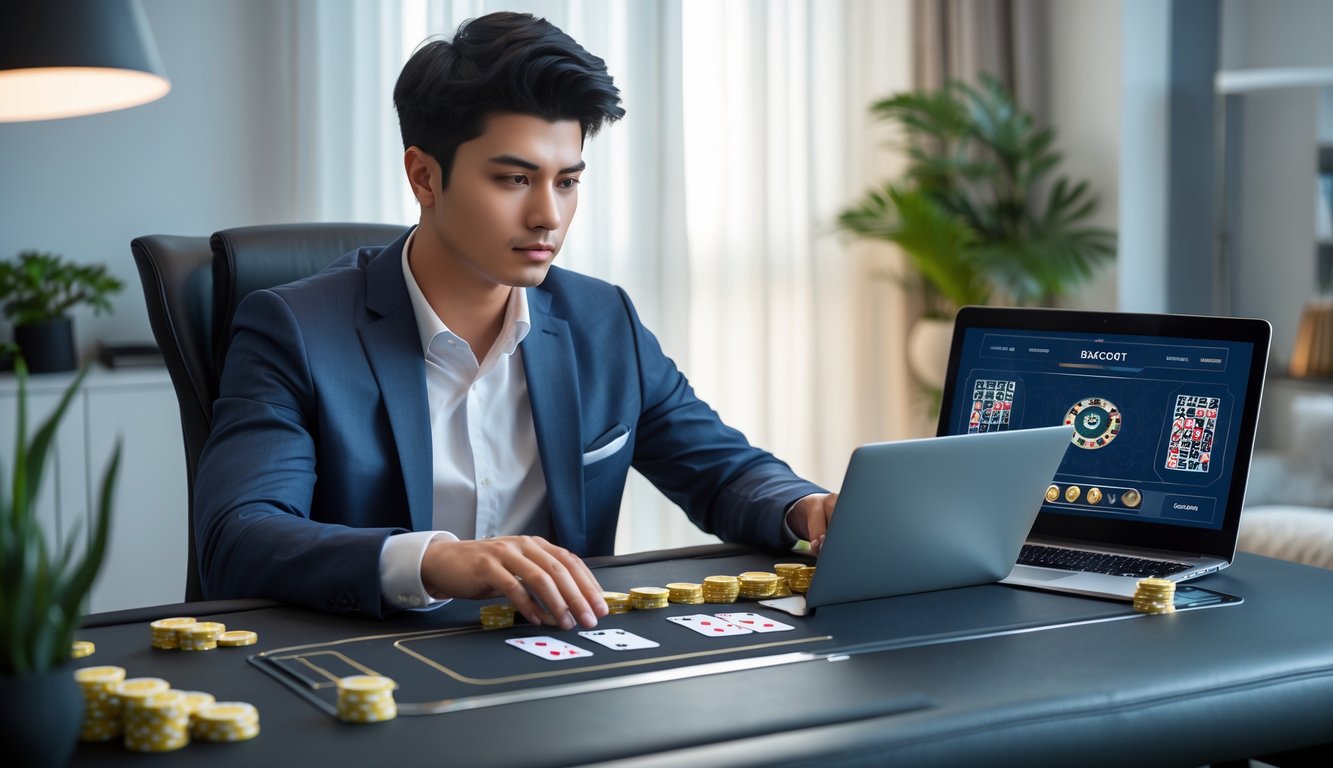 Seorang dewasa muda duduk di meja permainan baccarat dengan kartu dan chip, menggunakan laptop dan ponsel untuk bermain baccarat online di ruangan yang nyaman.