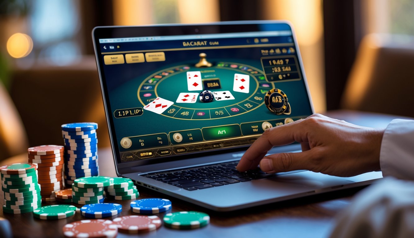 Seorang pemain sedang bermain baccarat online di laptop dengan chip poker di meja, menunjukkan suasana fokus dan strategi.