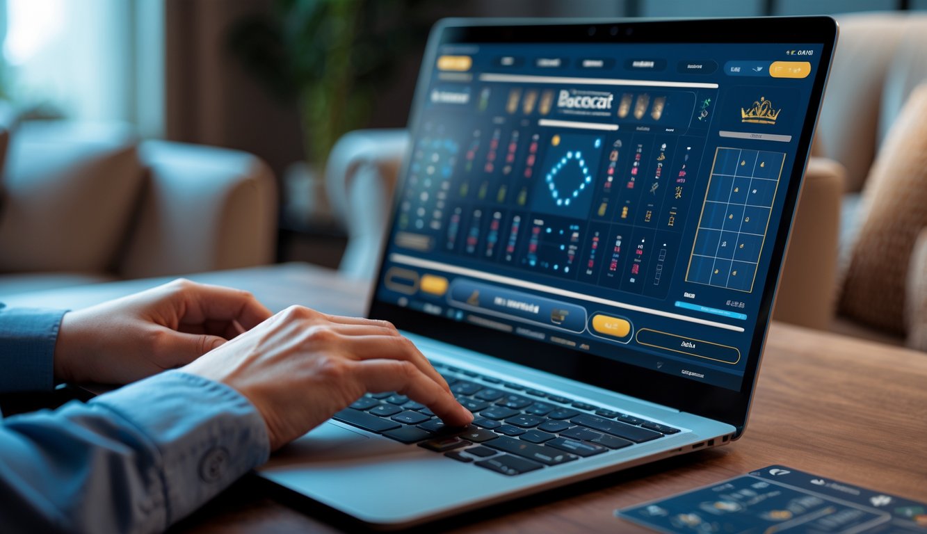 Seseorang menggunakan komputer dengan tampilan permainan baccarat online dan pola permainan di layar.
