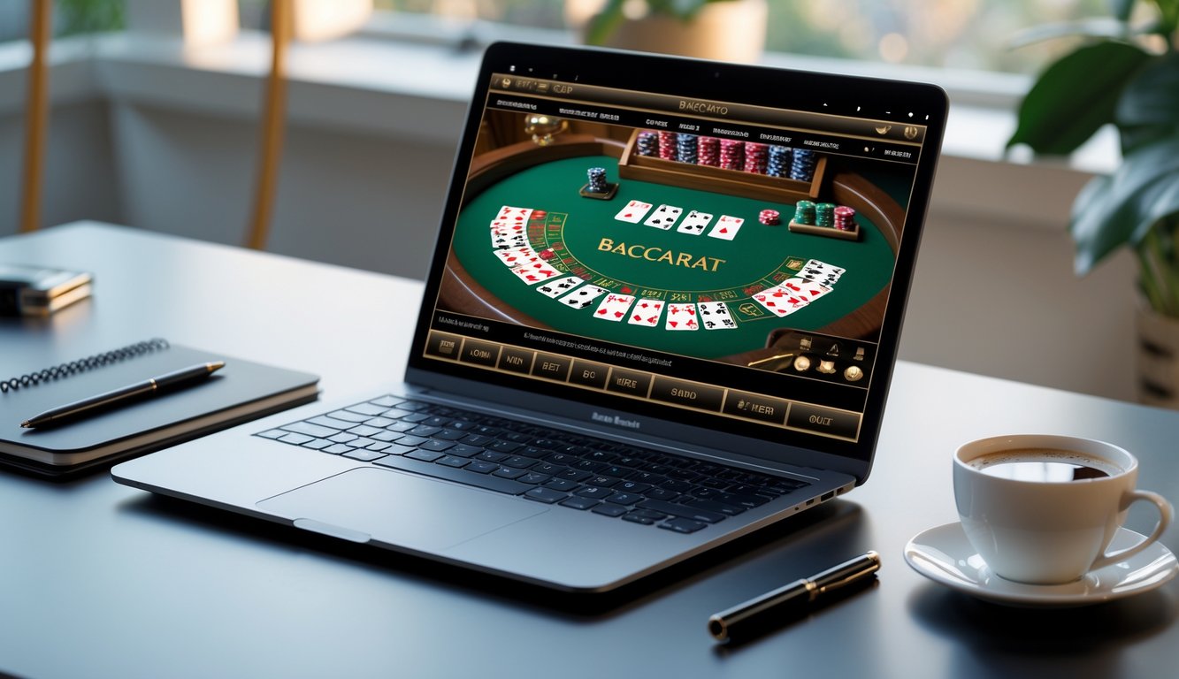 Seorang pemain sedang menggunakan komputer dengan tampilan permainan baccarat online, di sampingnya terdapat buku catatan dan pena di meja kerja yang rapi.