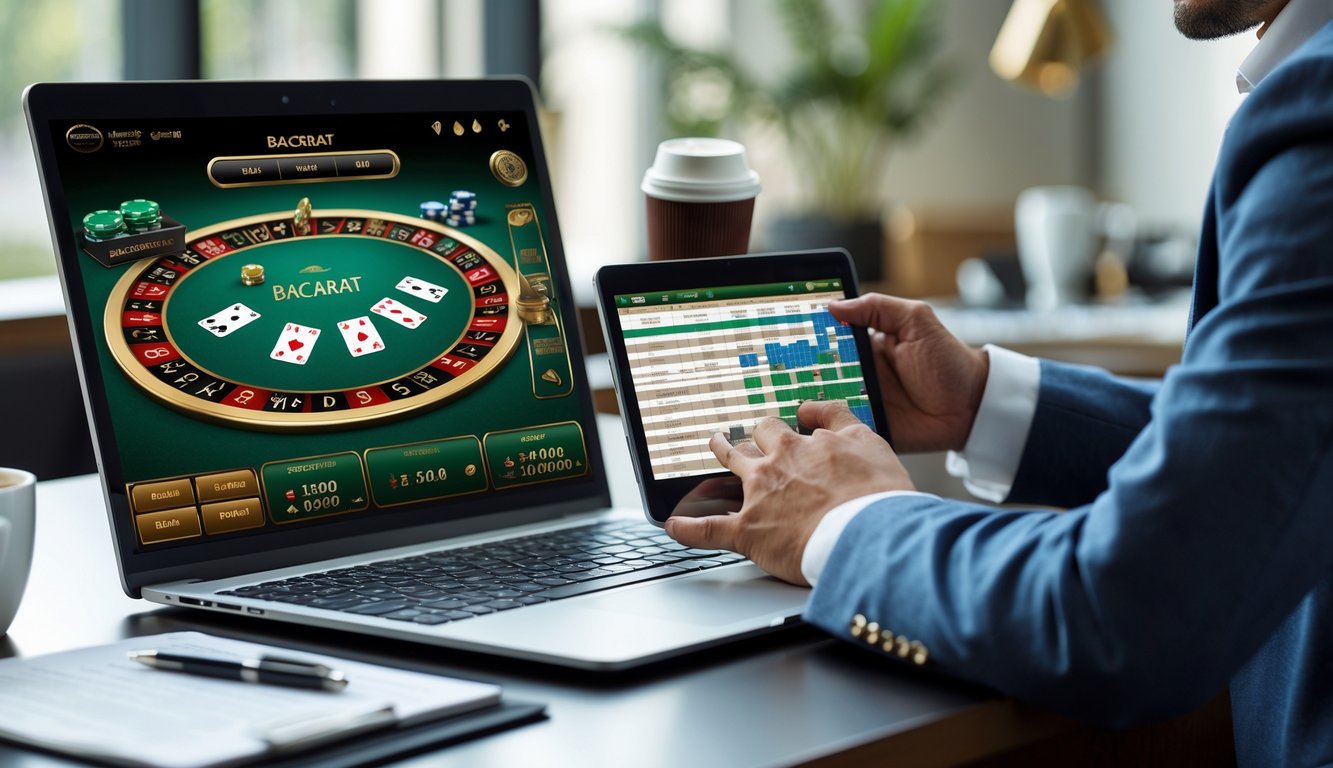 Seorang pria atau wanita duduk di depan komputer dengan layar menampilkan permainan baccarat online, sambil memegang tablet yang menunjukkan grafik atau data taruhan.