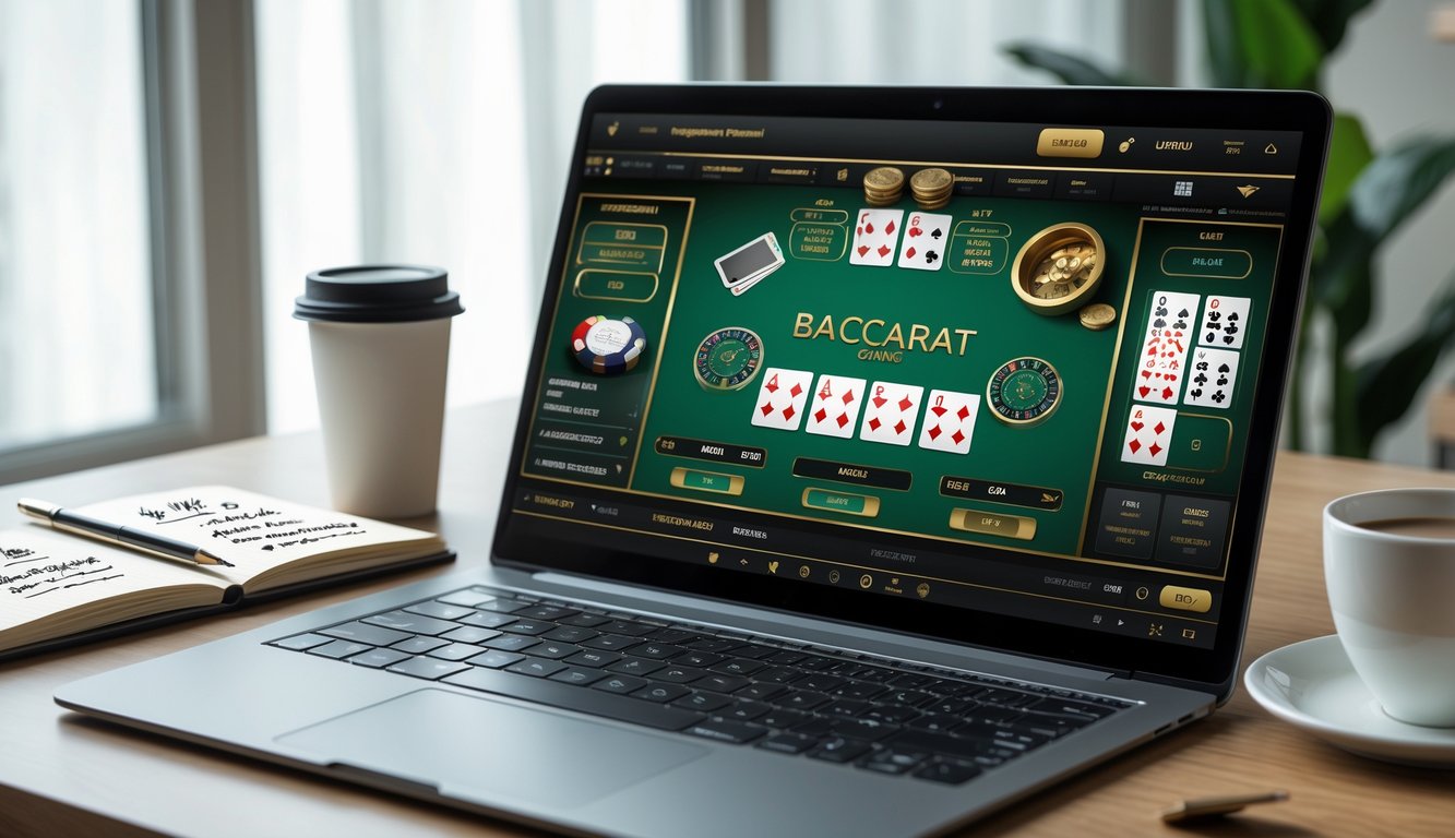 Seorang pemain sedang menggunakan komputer untuk bermain baccarat online dengan catatan strategi taruhan di meja.