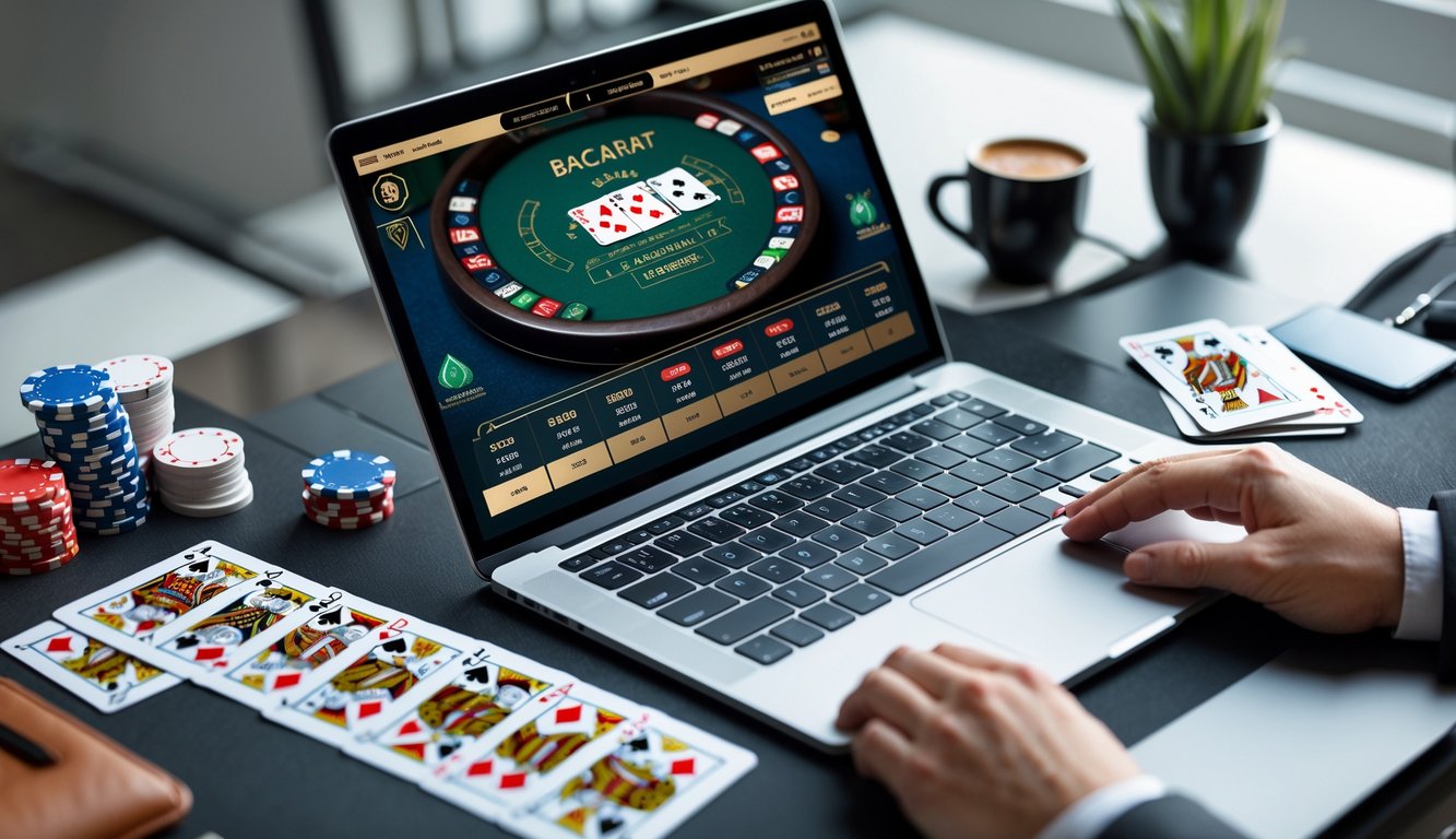 Seorang pemain sedang menggunakan laptop dengan permainan baccarat online, dikelilingi oleh chip poker dan kartu remi di meja kerja yang rapi.