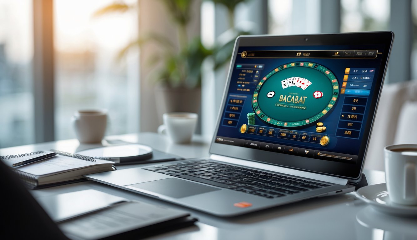 Seorang pemain sedang menggunakan komputer untuk bermain baccarat online dengan catatan dan kopi di meja.