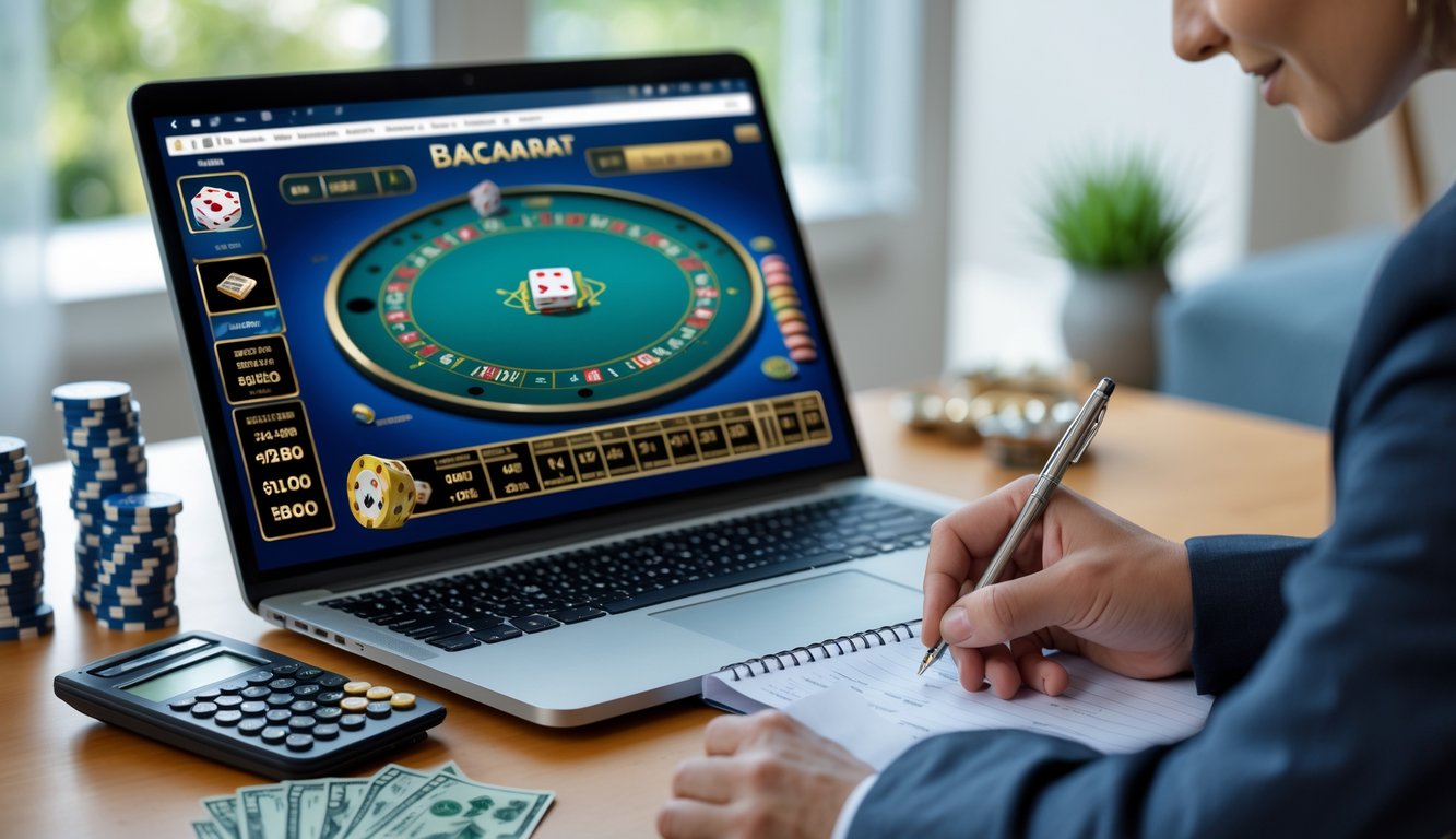 Seseorang sedang mengatur anggaran dengan laptop yang menampilkan permainan baccarat online, menggunakan kalkulator dan mencatat di buku catatan di meja.