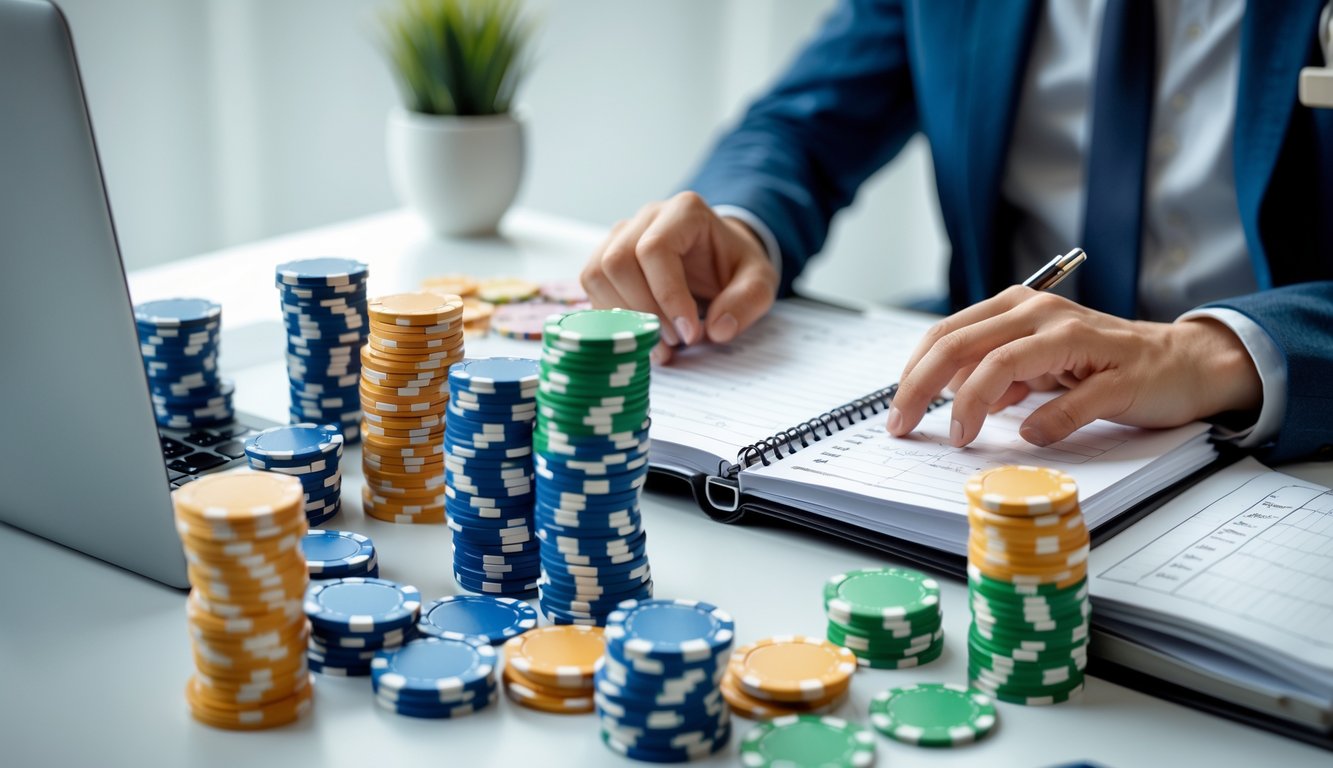 Seseorang mengatur chip poker dan mencatat di meja dengan laptop yang menampilkan permainan baccarat online.