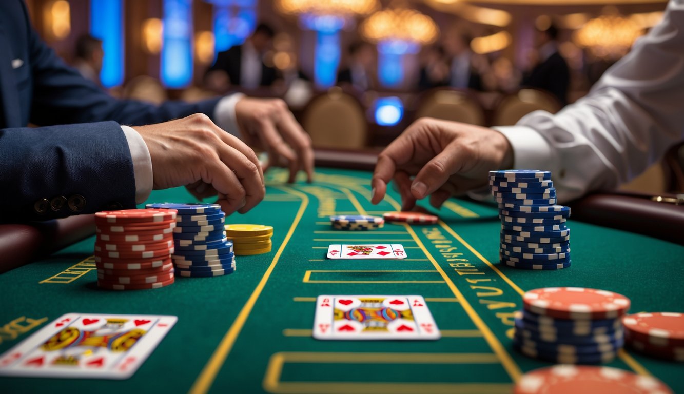 Meja baccarat dengan kartu dan tumpukan chip, dua tangan sedang memasang taruhan pada sisi Banker dan Player.