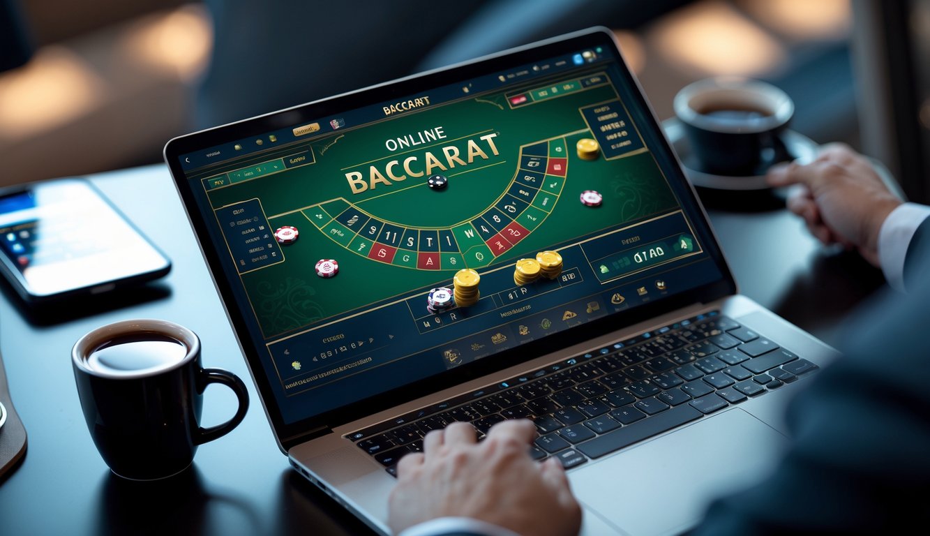 Tampilan dekat permainan baccarat online di layar laptop dengan chip taruhan di area Banker dan Player, dikelilingi oleh ponsel dan cangkir kopi.