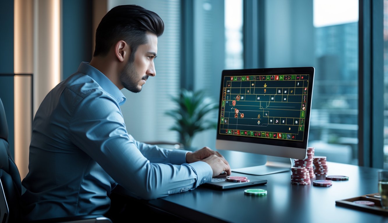 Seorang pria duduk di meja modern dengan laptop, fokus melihat pola roadmap baccarat di layar dalam ruangan kantor yang terang.