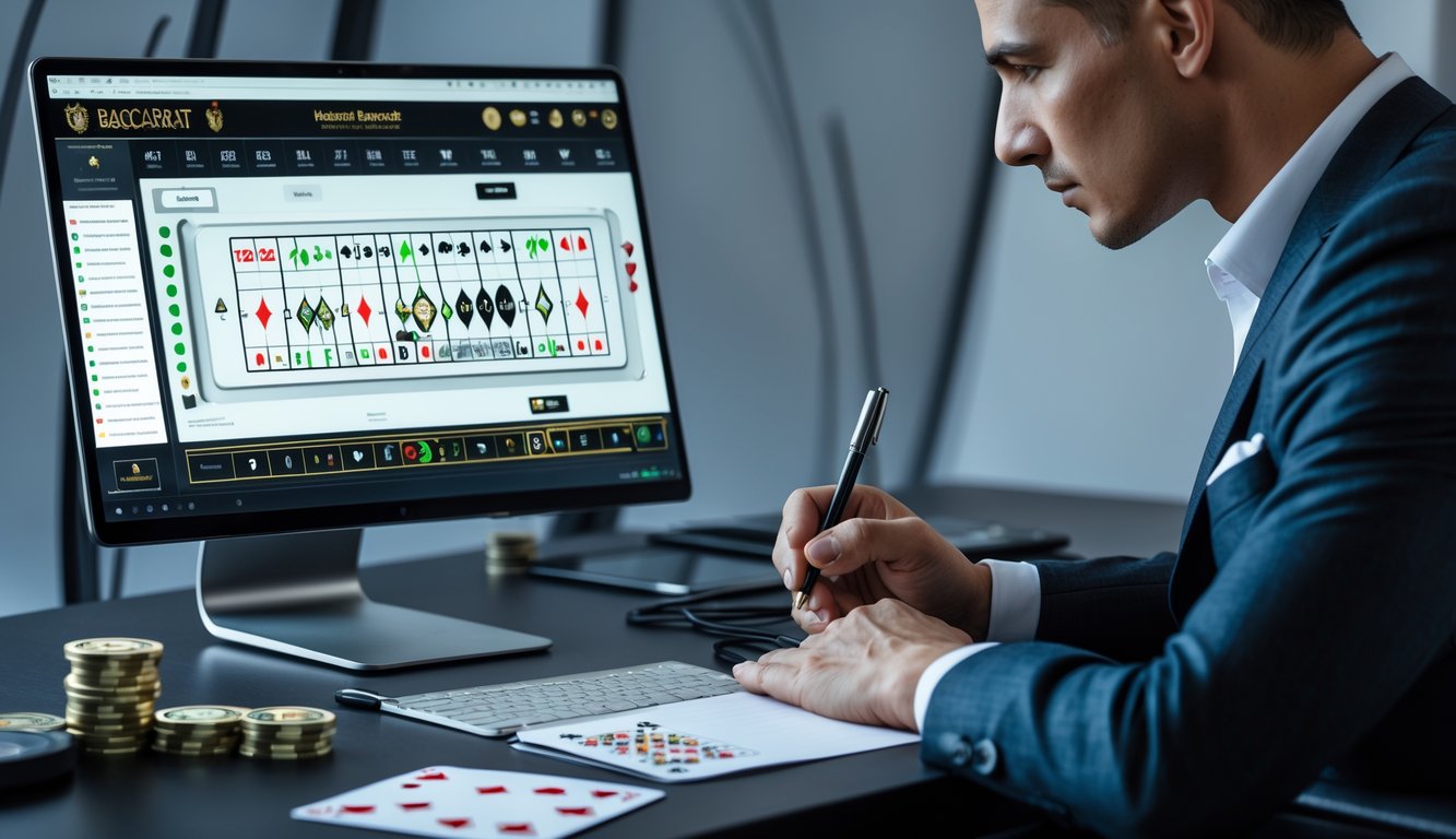 Seorang profesional sedang menganalisis permainan baccarat online di depan komputer dengan catatan di meja.