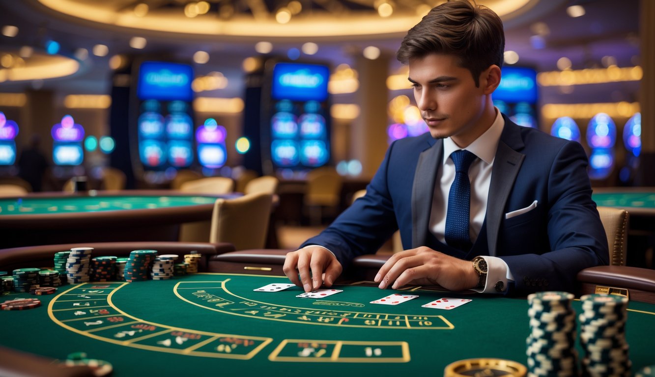 Seorang pemain duduk di meja baccarat di kasino, fokus melihat kartu dan chip dengan latar belakang suasana kasino.