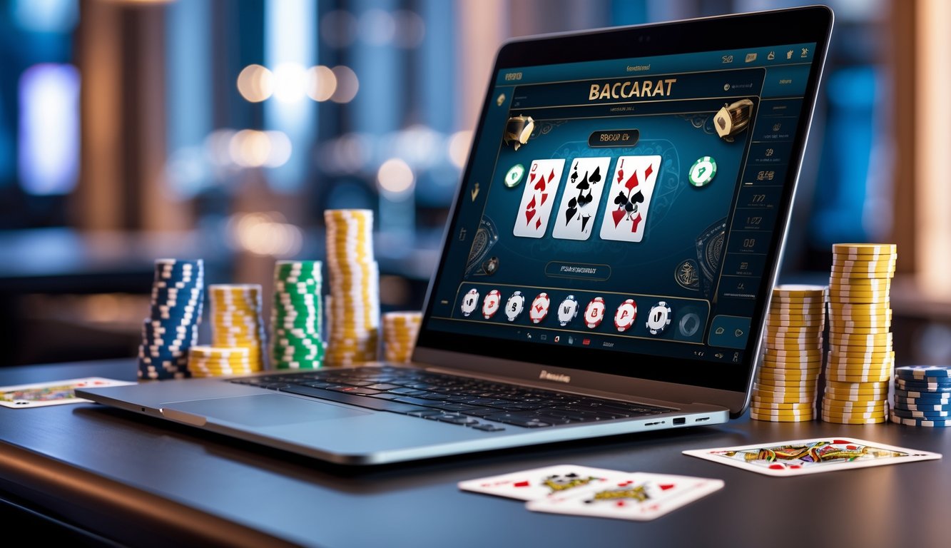 Seorang pemain sedang bermain baccarat online di depan komputer dengan kartu dan chip kasino di meja.