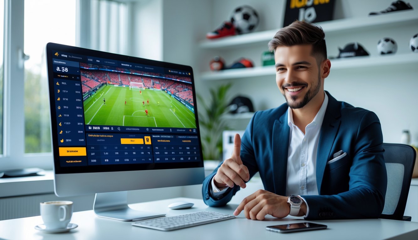 Seorang pria muda tersenyum menggunakan komputer dan ponsel dengan tampilan pertandingan sepak bola di layar di ruang kerja yang terang dan rapi.
