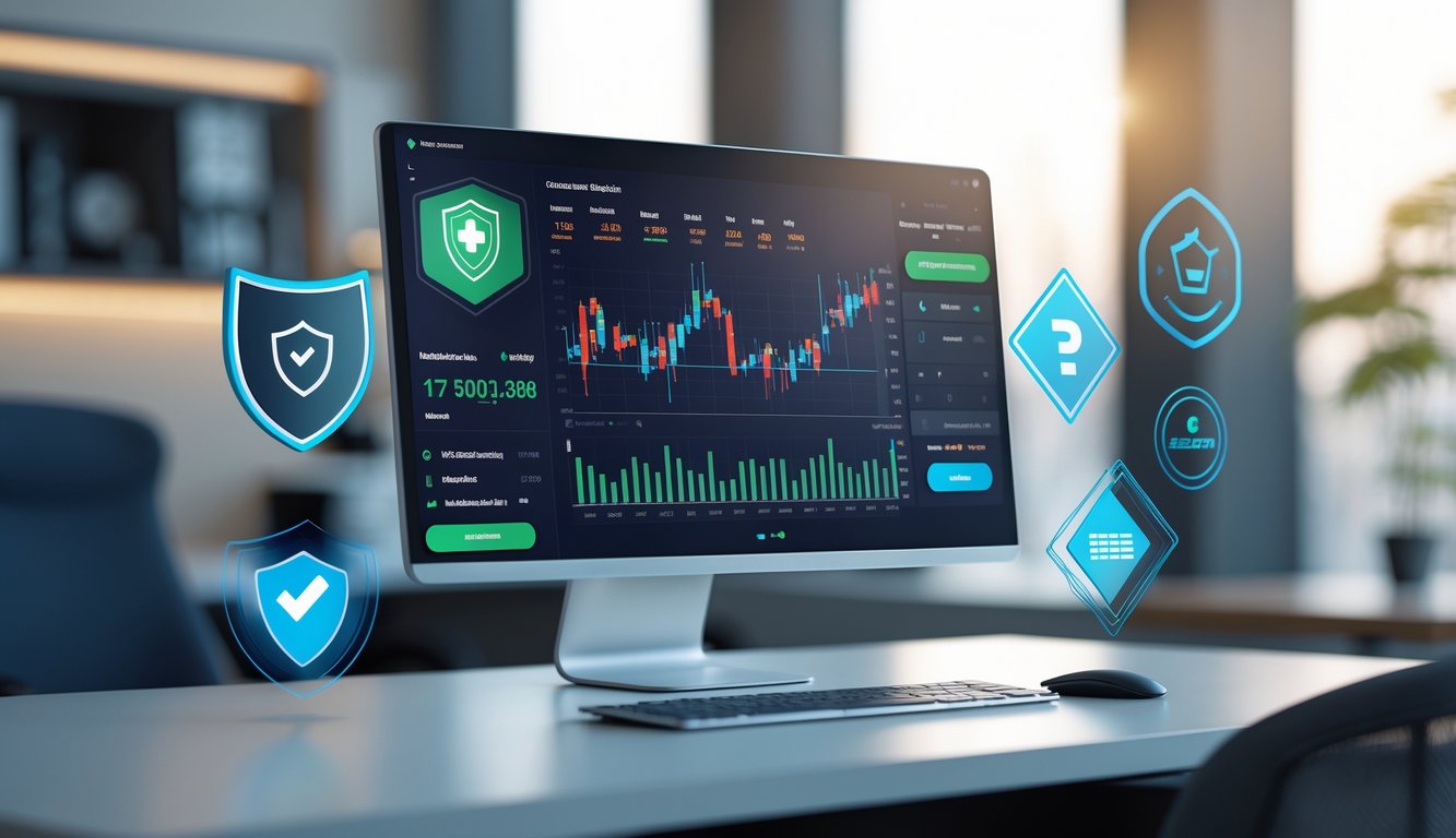 Sebuah komputer dengan tampilan platform taruhan bola online yang menampilkan statistik pertandingan dan grafik di meja kerja yang rapi.