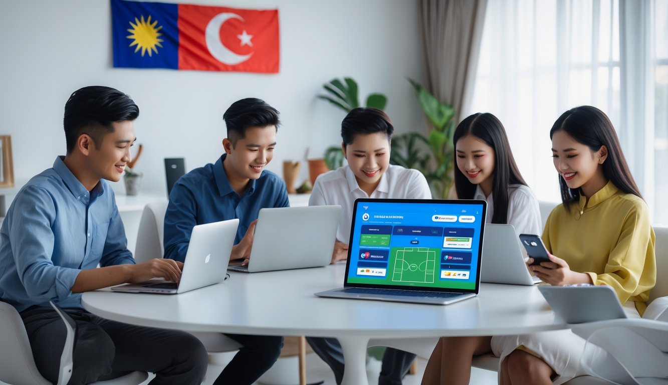 Sekelompok orang muda menggunakan perangkat digital untuk bertaruh olahraga secara online di ruangan modern dengan elemen budaya Indonesia.