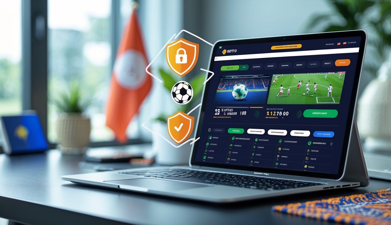 Seorang pengguna sedang melihat situs taruhan bola online yang aman dan terpercaya di laptop di ruang kerja yang bersih dengan elemen keamanan di sekitarnya.