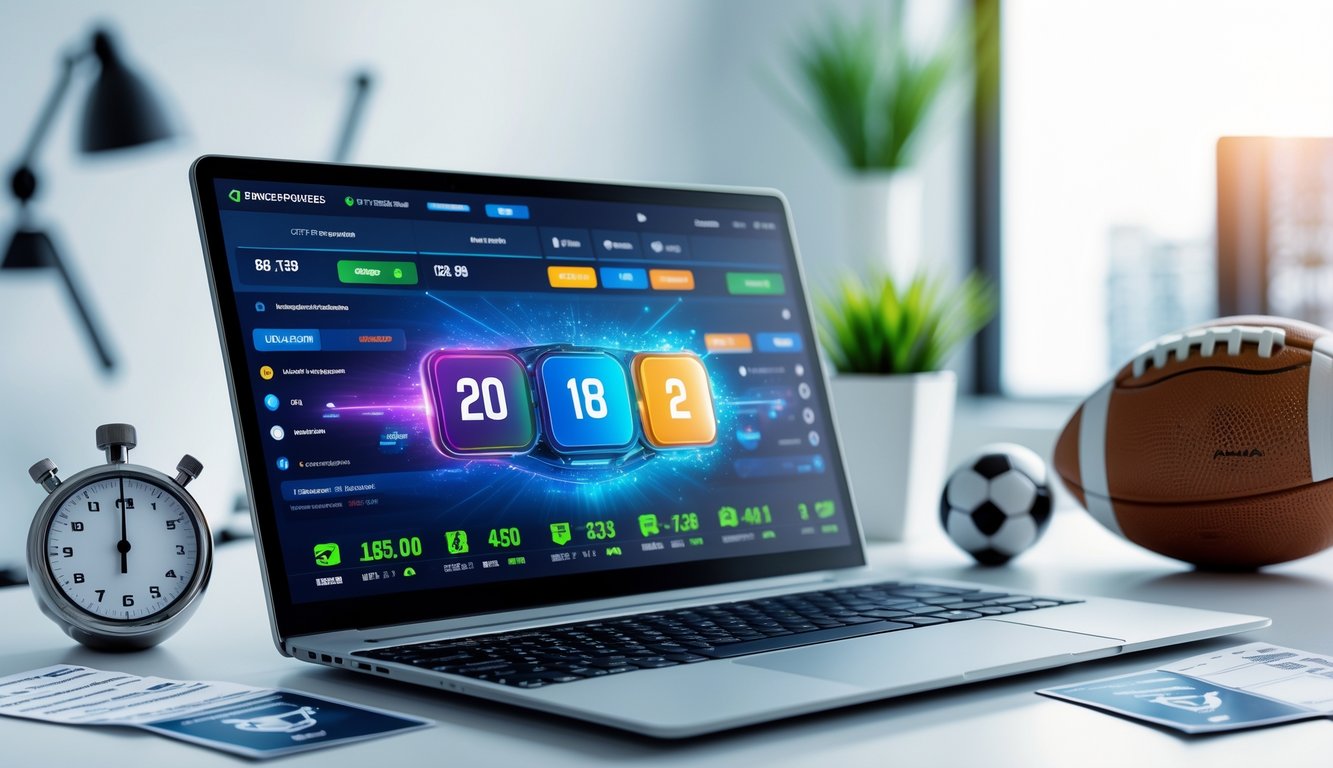 Seorang pengguna bekerja dengan laptop yang menampilkan antarmuka taruhan olahraga online, dikelilingi oleh simbol kecepatan dan keamanan pembayaran 24 jam.