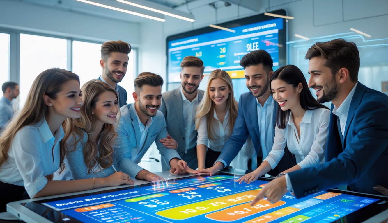 Sekelompok orang muda sedang menggunakan layar sentuh digital untuk memasang taruhan olahraga online di ruang kantor modern yang terang dan rapi.