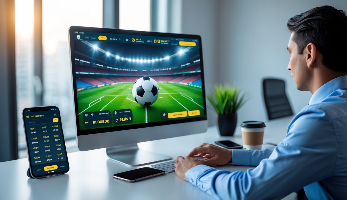 Seorang profesional sedang menggunakan komputer dengan tampilan antarmuka taruhan bola online di meja kerja modern.