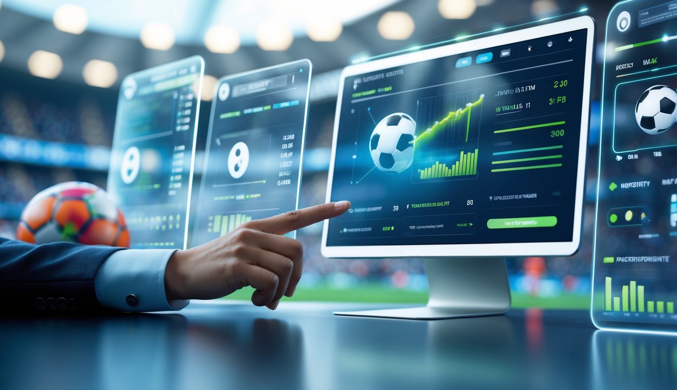 Seseorang menggunakan perangkat layar sentuh dengan tampilan data taruhan sepak bola digital dan latar belakang stadion sepak bola.