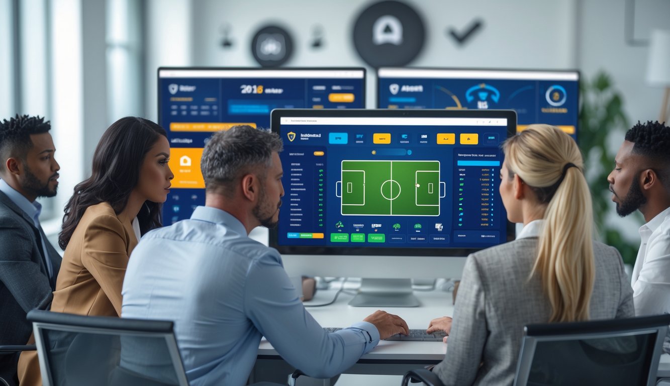 Beberapa orang sedang menggunakan komputer dengan tampilan taruhan sepak bola online yang aman dan terpercaya di sebuah kantor modern.
