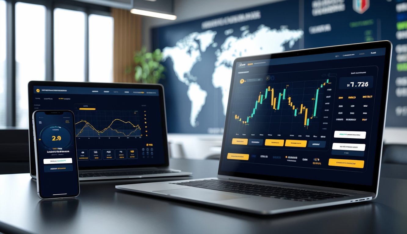 Beberapa perangkat elektronik menampilkan antarmuka platform taruhan online dengan grafik dan informasi taruhan, di latar belakang kantor modern dengan peta dunia.