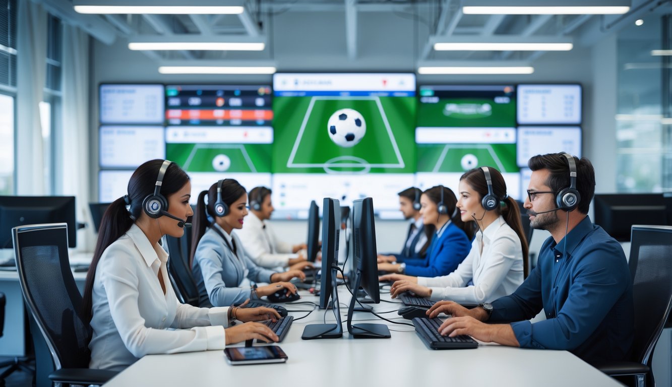 Tim layanan pelanggan yang sedang bekerja di kantor modern dengan layar besar menampilkan statistik pertandingan sepak bola.