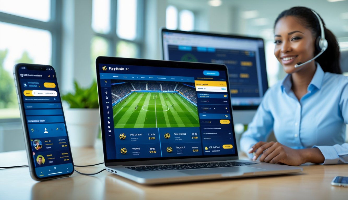 Seorang perwakilan layanan pelanggan sedang bekerja dengan komputer di kantor modern, dengan layar laptop dan ponsel menampilkan antarmuka platform taruhan bola online.