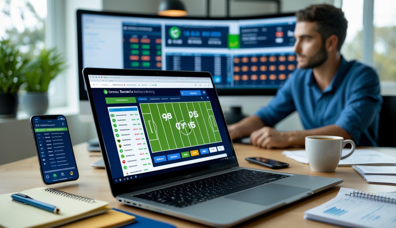 Seseorang sedang menggunakan laptop di meja kerja dengan layar menampilkan situs taruhan bola online, dikelilingi catatan dan ponsel dengan skor pertandingan sepak bola.