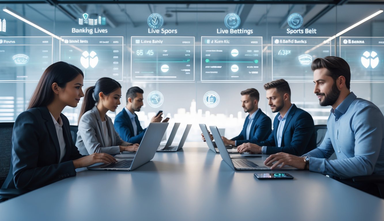 Orang-orang menggunakan laptop dan ponsel di kantor modern dengan layar digital yang menampilkan logo bank dan peluang taruhan olahraga.