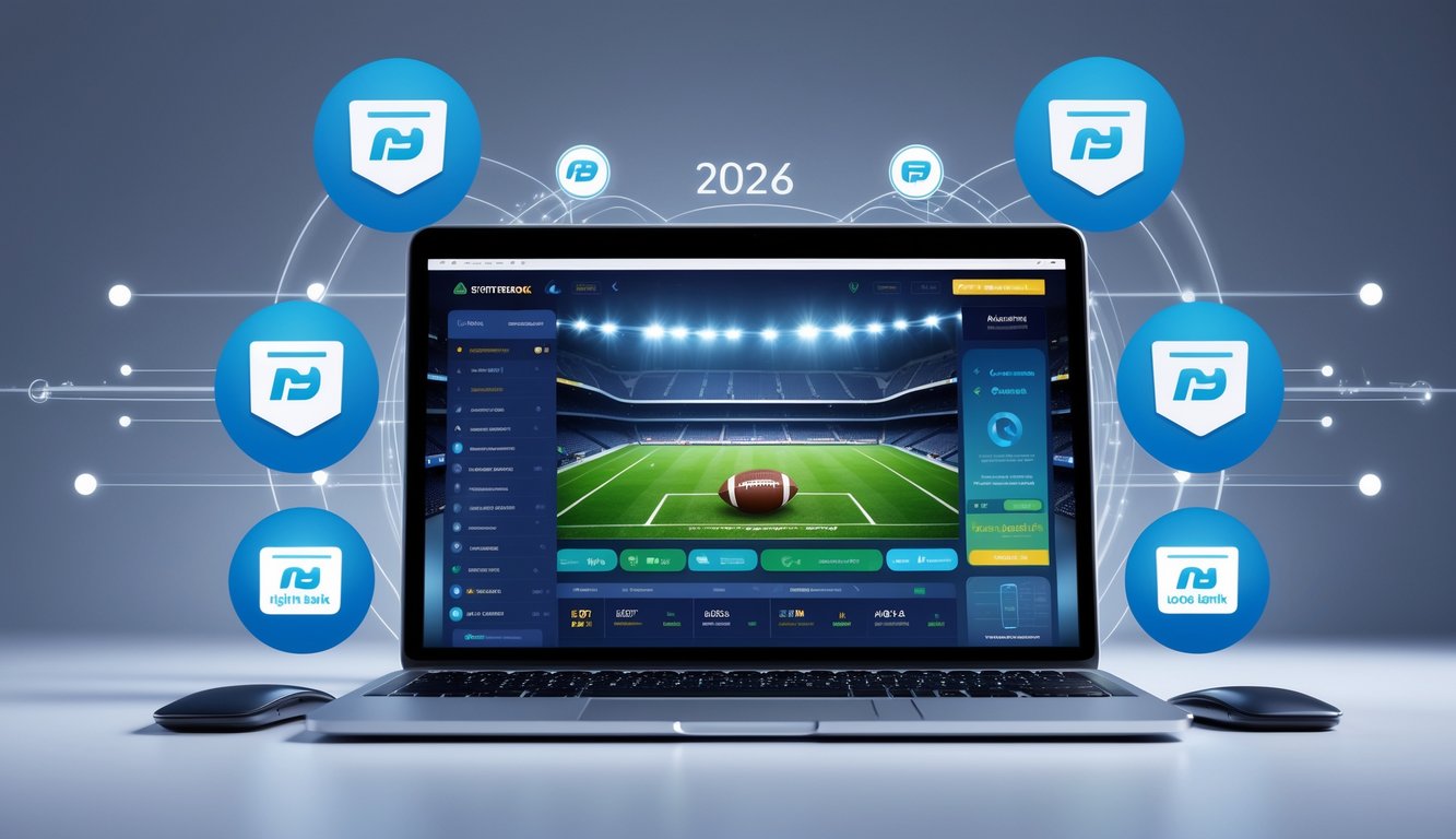 Seorang pengguna sedang melihat layar komputer dengan tampilan antarmuka taruhan sepak bola online yang modern dan ikon bank lokal di sekitarnya.