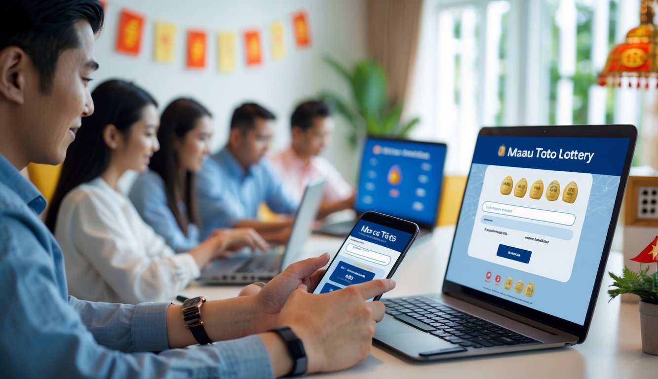 Beberapa orang menggunakan laptop dan ponsel di ruang terang yang nyaman, menunjukkan aktivitas bermain lotere online dengan suasana aman dan terpercaya.