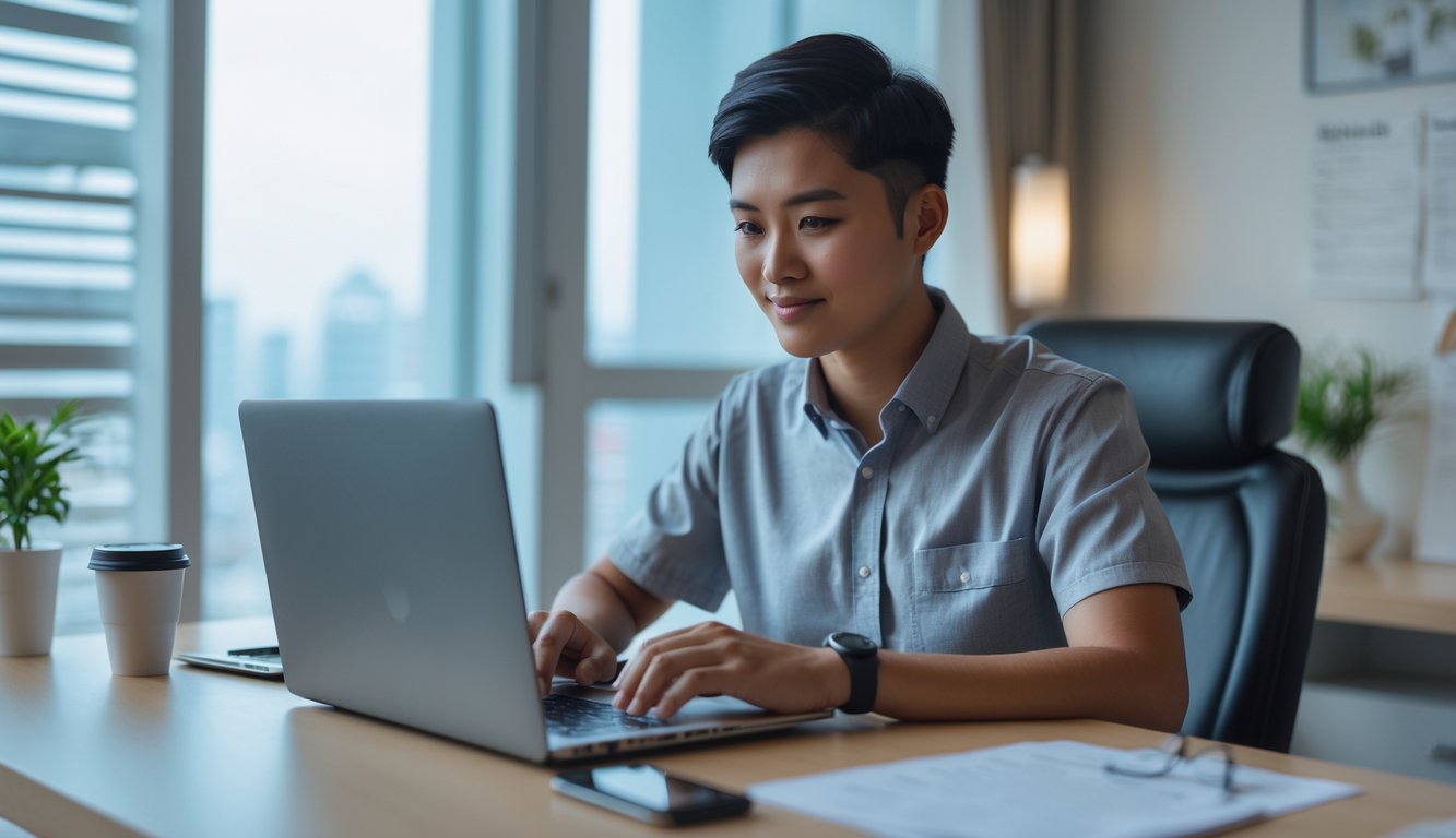 Seorang pemuda Indonesia sedang menggunakan laptop di meja kerja modern dengan pencahayaan alami, menunjukkan aktivitas memilih situs Toto Macau yang terpercaya.
