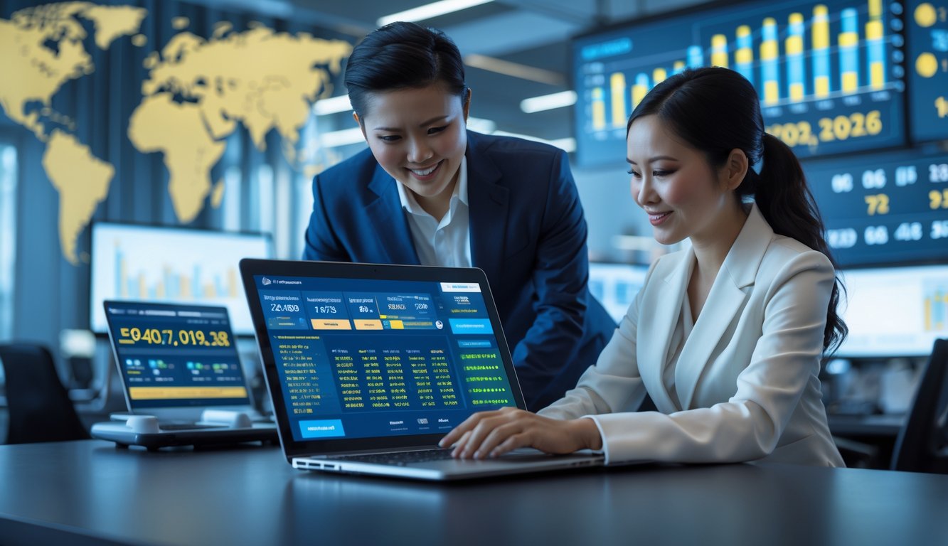 Dua orang profesional bekerja bersama di kantor modern dengan laptop dan layar yang menampilkan data terkait lotere dan bonus.