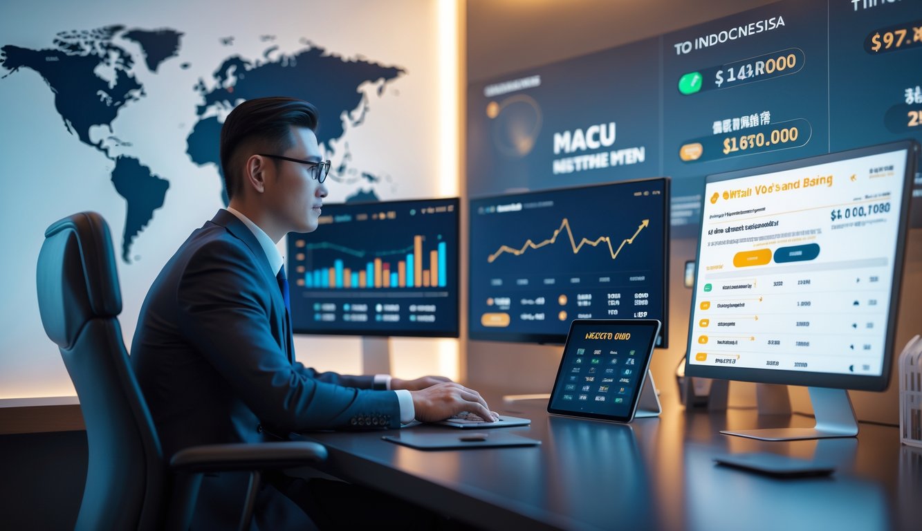 Seorang profesional duduk di meja kantor dengan beberapa layar komputer menampilkan grafik dan antarmuka lotere digital, menggambarkan situs bandar Toto Macau terpercaya dengan suasana yang aman dan profesional.