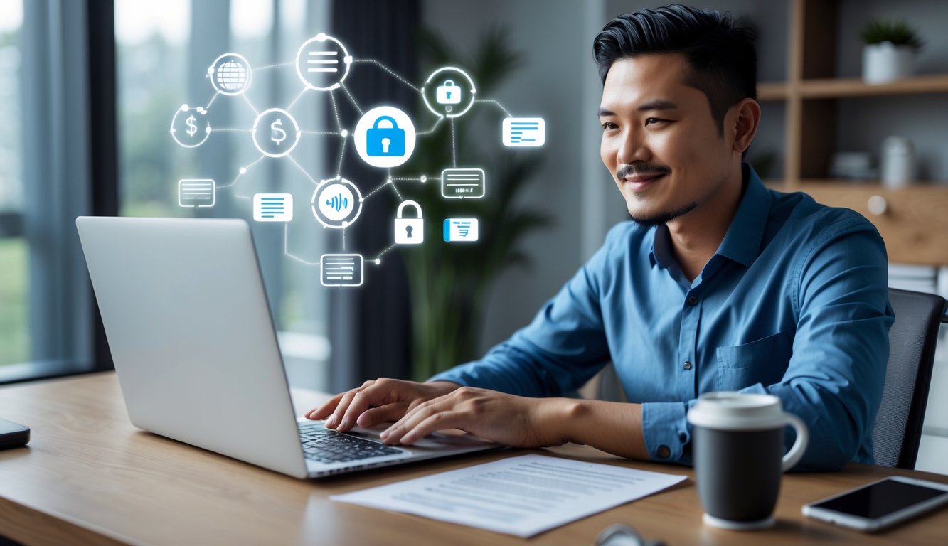 Seorang pria Indonesia sedang menggunakan laptop di ruang kerja modern dengan ekspresi percaya diri dan senyum kecil.
