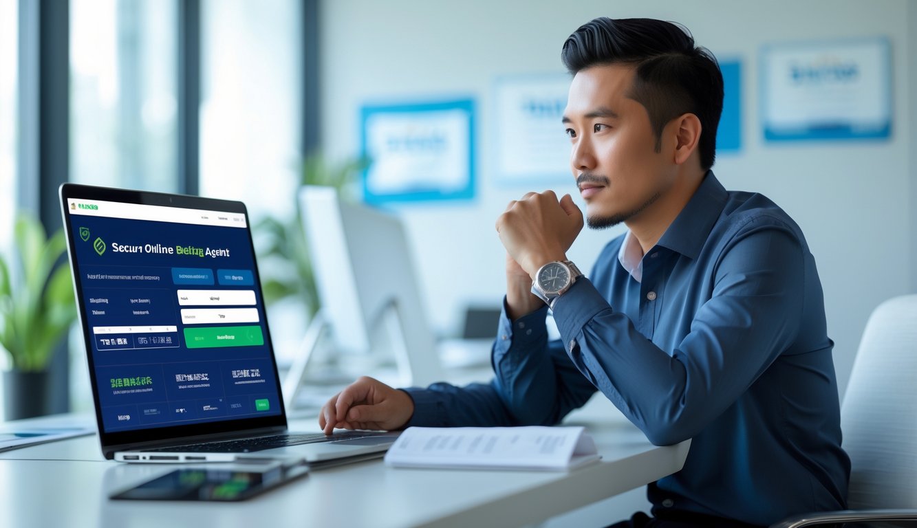 Seorang pria Indonesia duduk di meja kantor modern menggunakan laptop dengan tampilan platform taruhan online yang aman, di ruang kantor yang terang dan rapi.