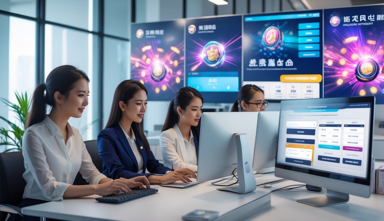 Sejumlah profesional muda sedang bekerja dengan komputer di kantor modern yang menampilkan aktivitas terkait permainan dan taruhan online.