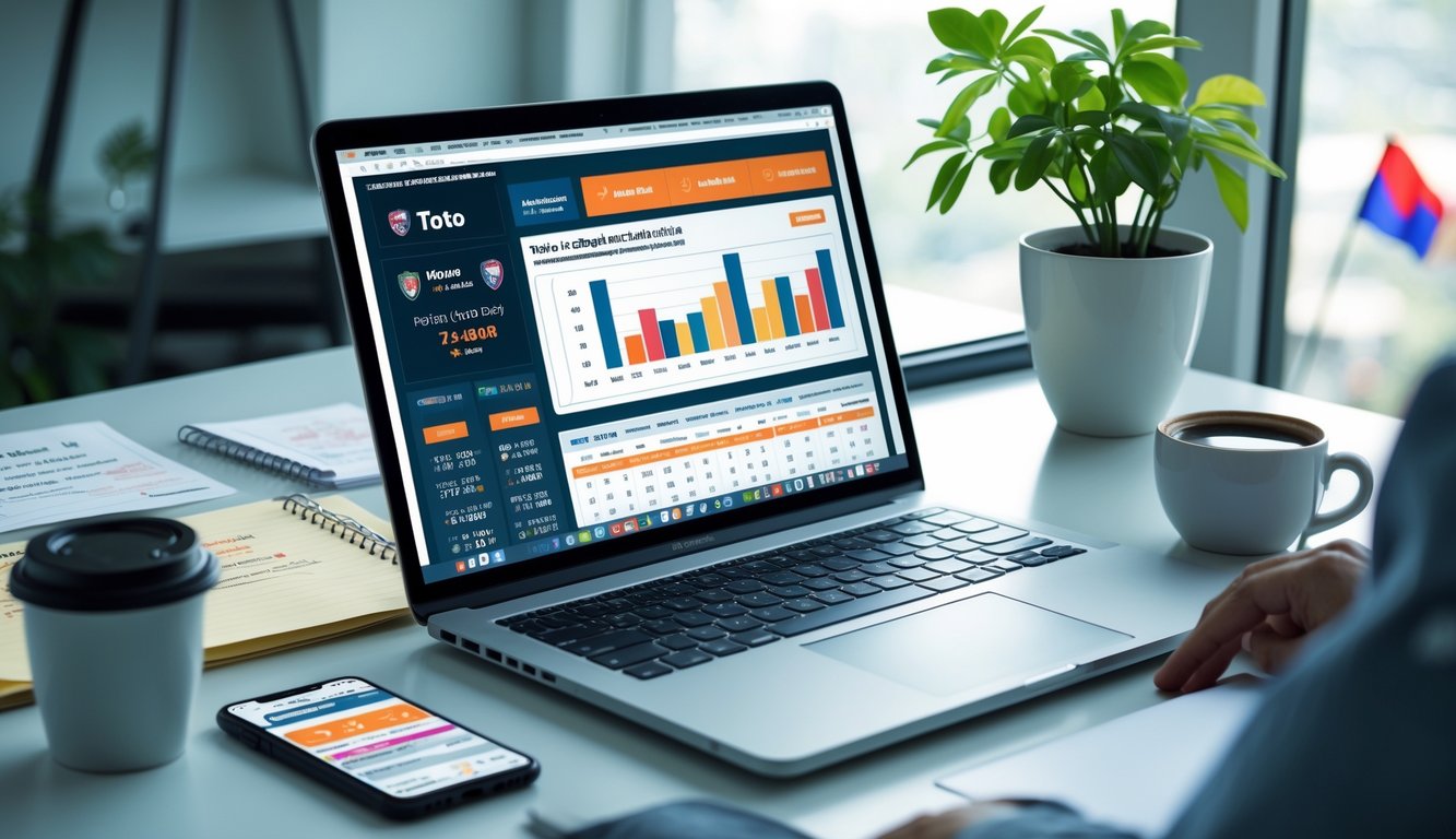 Seorang pria bekerja di depan laptop dengan layar menampilkan data taruhan Toto Macau, di meja terdapat ponsel, catatan, dan tanaman kecil, di latar belakang terlihat elemen budaya Indonesia.